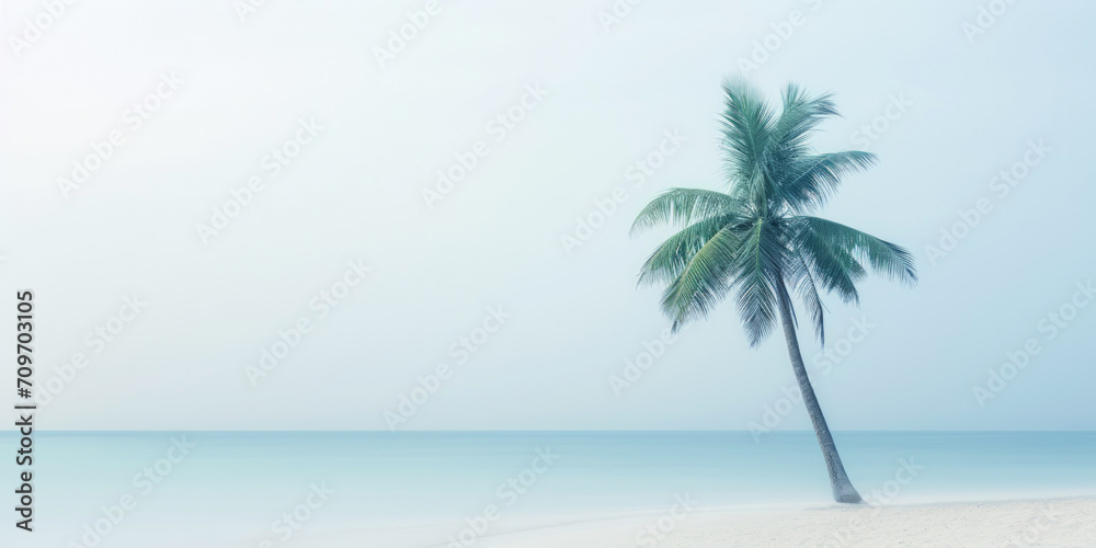 One lonely palm tree on a white beach. Calm sae with mist. Tranquil seashore landcsape. Generative AI