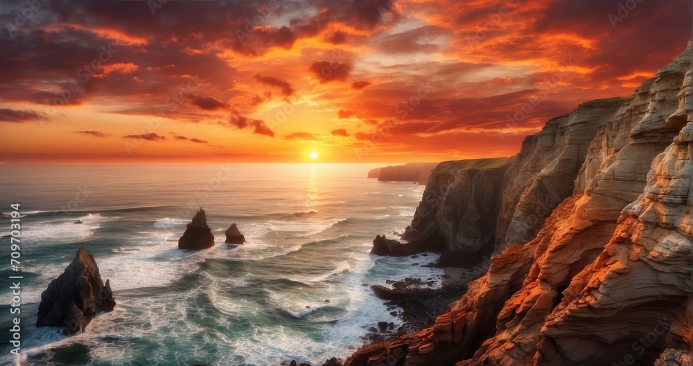 A dramatic coastal cliffs with waves crashing against rugged rocks. Show a fiery sunset casting warm hues over the cliffs, with seabirds gliding in the salty breeze.  - Generative AI