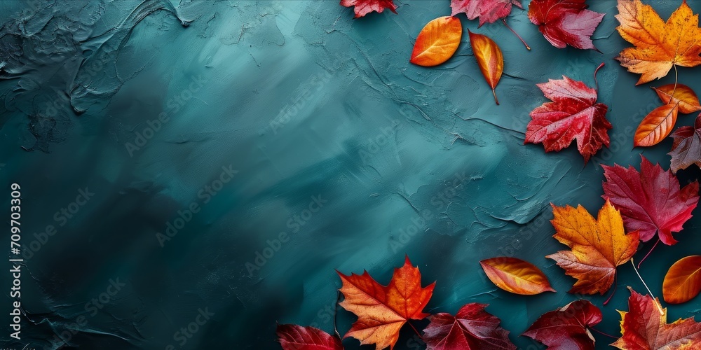 Bright autumn leaves scattered on a textured, dark teal background with a subtle frosty overlay. Bright autumn leaves scattered on a textured, dark teal background with a subtle frosty overlay.