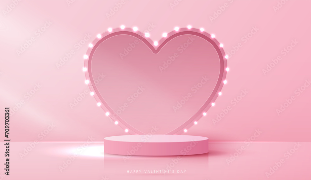 Happy valentines day and stage podium decorated with heart shape lighting. pedestal scene with for product, cosmetic, advertising, show, award ceremony, on pink background and light. vector design.