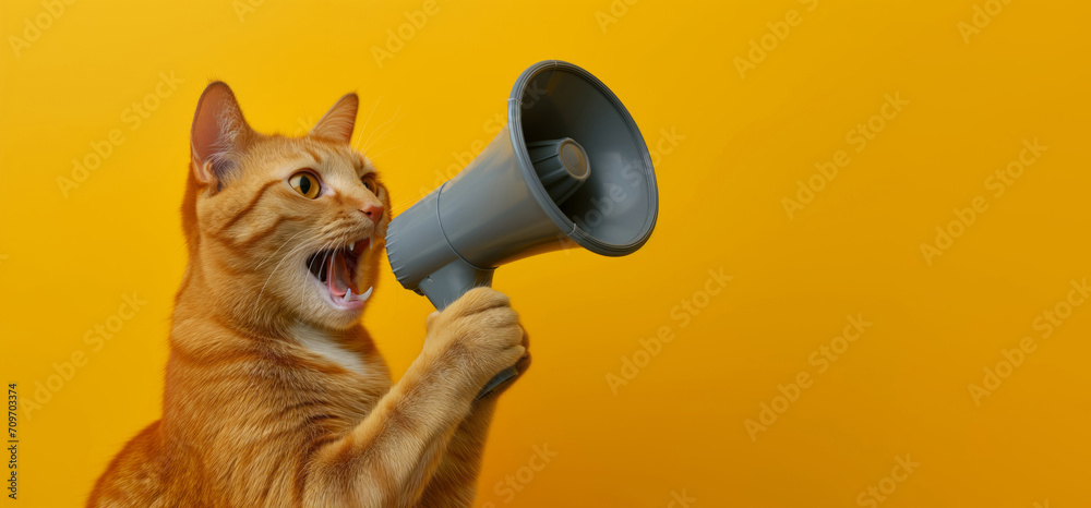 Fototapeta premium Funny ginger red cat holding gray megaphone loudspeaker in its paws and meowing isolated on yellow background with copy space. Notifying, warning, announcement, advertising and attention.