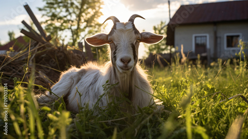 Portrait of a goat on the grass in the village