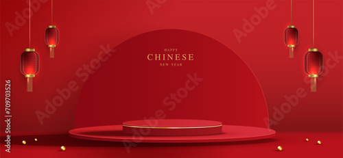 Podium stage chinese style for chinese new year and festivals or mid autumn festival with red background. mock up stage with festive lanterns and clouds. vector design.