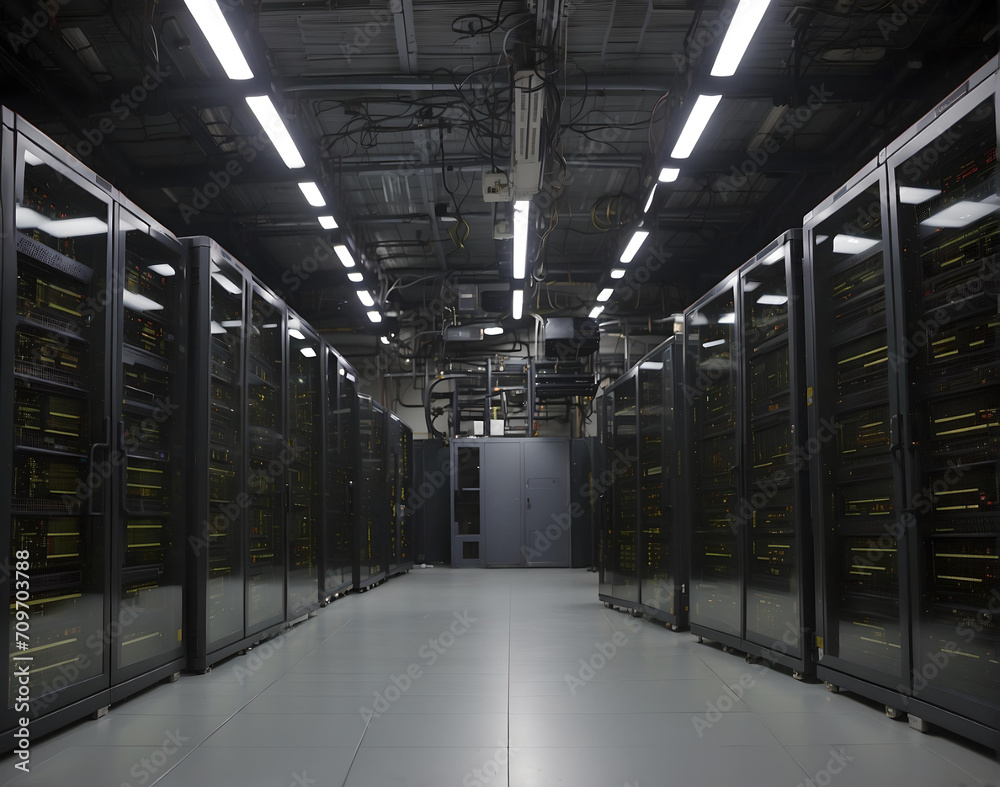Modern Data Technology Center Server Racks in Dark Room with VFX. Visualization Concept of Internet of Things, Data Flow, Digitalization of Internet Traffic. Modern Data Technology Center Server Racks in Dark Room with VFX. Visualization Concept of Internet of Things, Data Flow, Digitalization of Internet Traffic.