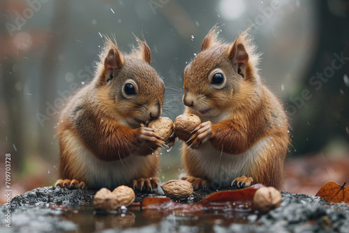 A squirrel couple shares a nutty delight, symbolizing their bond over a tasty treat