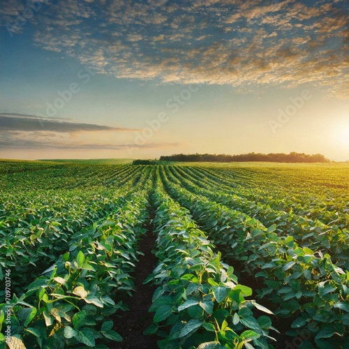 Soy field and soy plants in early morning light