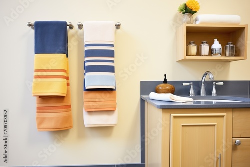 bath and hand towels in a color-coordinated display photo