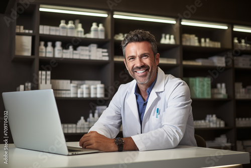 Hospital Professional Smiling Pharmacist Holding Clipboard and Medication