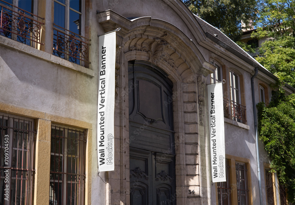 Mockup of two customizable vertical signs on building Stock Template ...