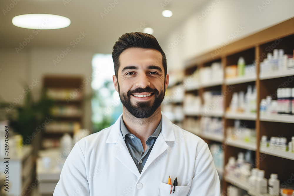 Pharmacy Professional Confident Pharmacist in White Coat with Clipboard