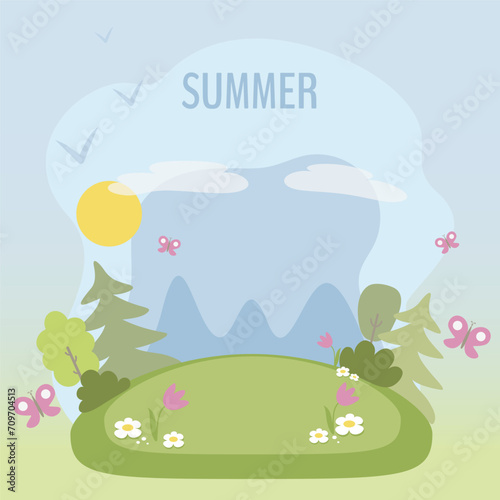 Cute landscape in simple cartoon style. Vector illustration of summer for children s books  cards  stickers.