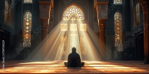 A person in prayer in a mosque, bathed in the warm glow of sunlight filtering through an ornate window.