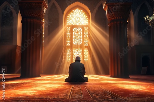 A person in prayer in a mosque, bathed in the warm glow of sunlight filtering through an ornate window.