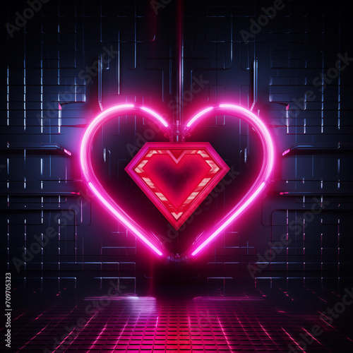 Neon heart on a cybernetic abstract background