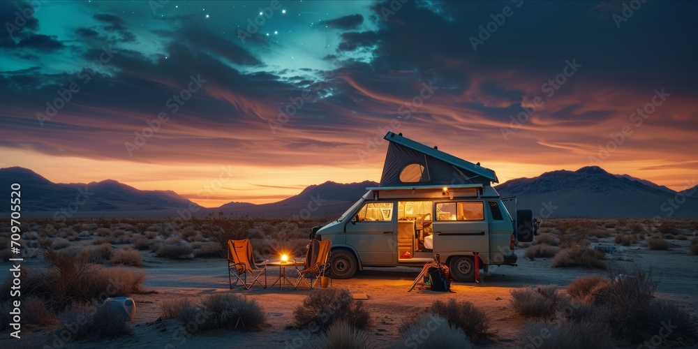 Campervan parked in a desert at twilight with a rooftop tent and chairs set outside. Campervan parked in a desert at twilight with a rooftop tent and chairs set outside.