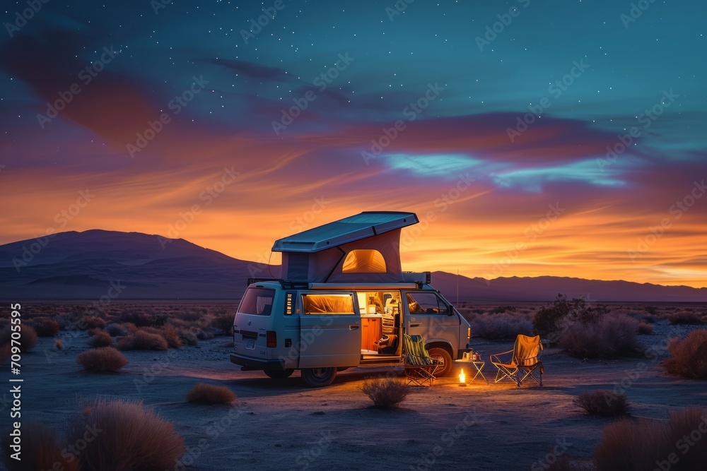 Campervan parked in a desert at twilight with a rooftop tent and chairs set outside. Campervan parked in a desert at twilight with a rooftop tent and chairs set outside.