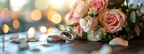 Two wedding rings with bouquet of flowers on table, blurred background photo