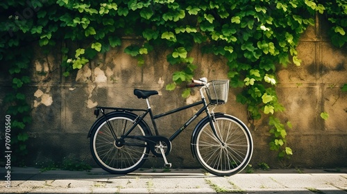 A classic black bicycle with a basket rests against an old wall covered in lush green leaves, embodying a scene of urban tranquility and eco-friendly transportation.