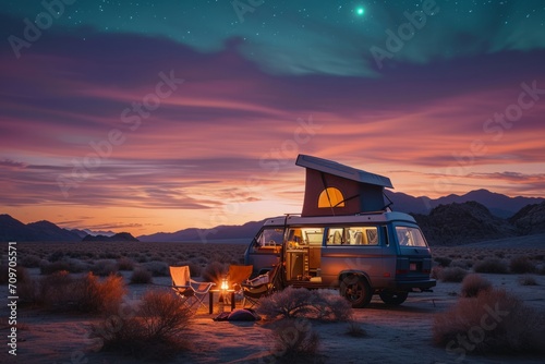 Campervan parked in a desert at twilight with a rooftop tent and chairs set outside.