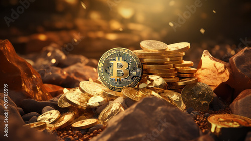 Bitcoin with gold coins and bars, financial cryptocurrency background photo