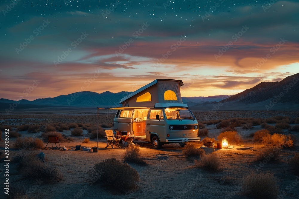 Campervan parked in a desert at twilight with a rooftop tent and chairs set outside. Campervan parked in a desert at twilight with a rooftop tent and chairs set outside.