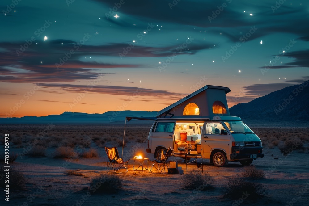 Campervan parked in a desert at twilight with a rooftop tent and chairs set outside.