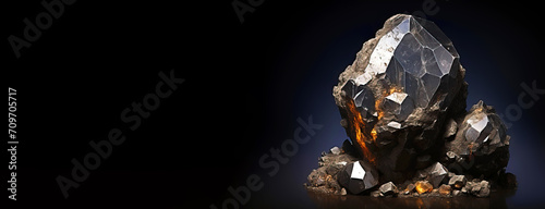 Augite is a rare precious natural stone on a black background. AI generated. Header banner mockup with space. photo