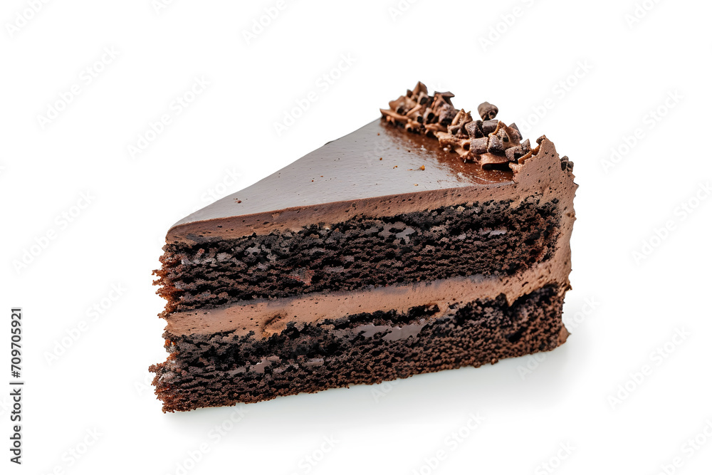 A piece of chocolate cake with cream on a white background. A piece of chocolate cake with cream on a white background.
