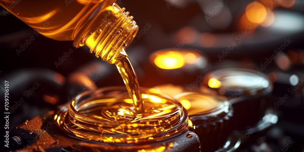 Close-up of fresh motor oil being poured into a car engine, capturing the smooth stream and reflective sheen. Close-up of fresh motor oil being poured into a car engine, capturing the smooth stream and reflective sheen.