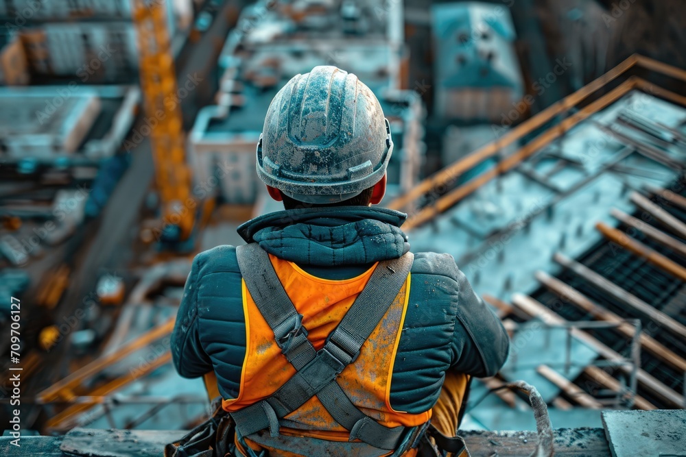 When working on the roof, a construction worker wears a seat belt. Generative Ai.