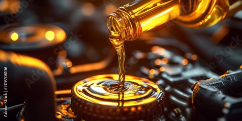 Close-up of fresh motor oil being poured into a car engine, capturing the smooth stream and reflective sheen.