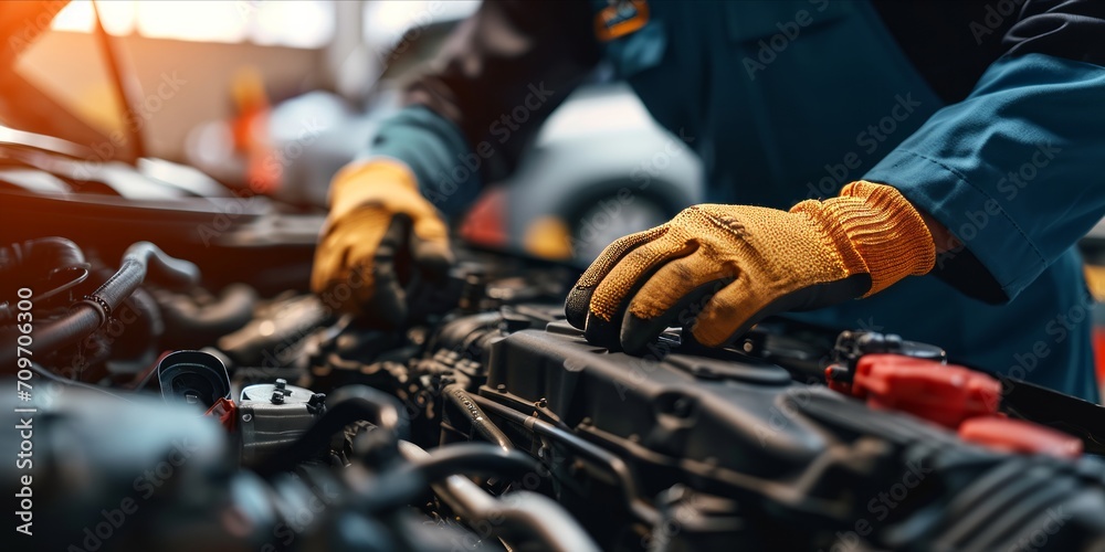 A mechanic with gloved hands working on a car engine, in a workshop with natural light highlighting the engine details. A mechanic with gloved hands working on a car engine, in a workshop with natural light highlighting the engine details.