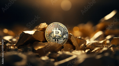 Bitcoin with gold coins and bars, financial cryptocurrency background photo