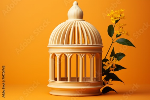 Vintage White Decorative Birdcage, on an isolated Corn Yellow background, Generative AI © Box Milk