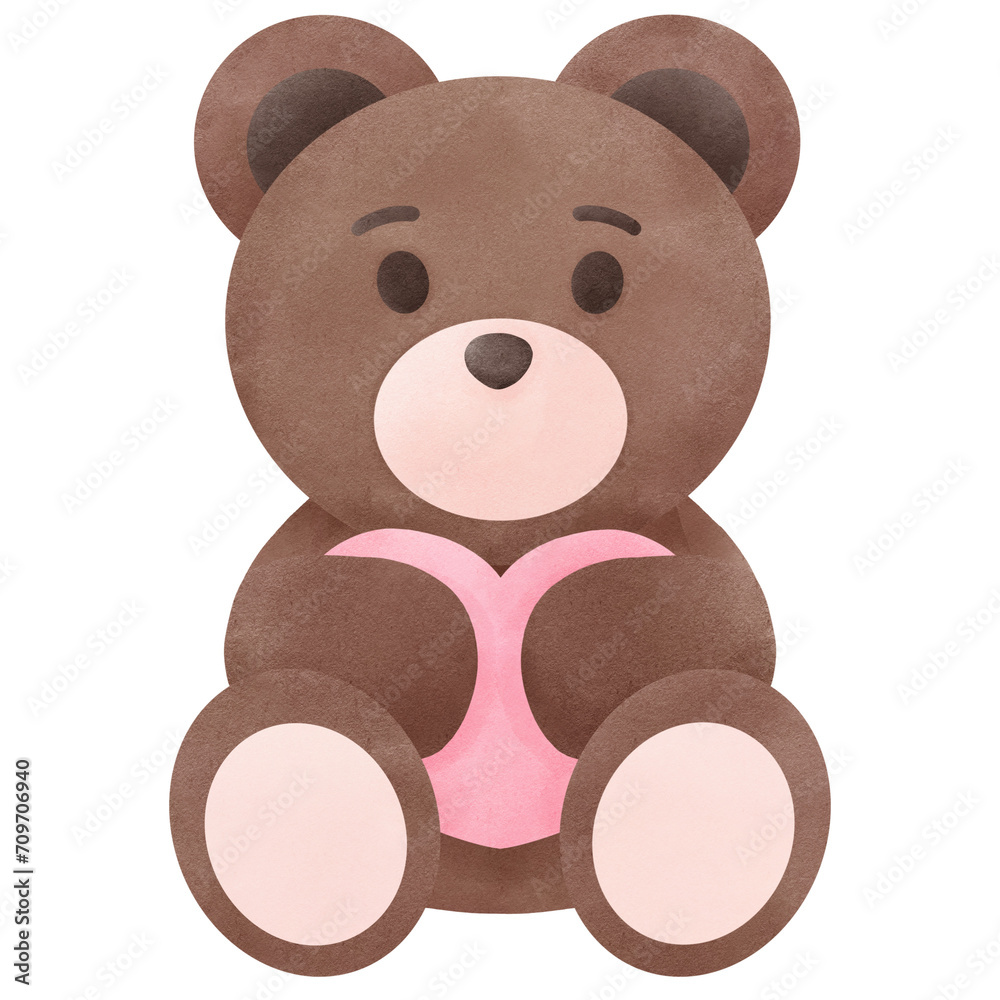 Obraz premium Brown teddy bear hugs pink heart watercolor clip art