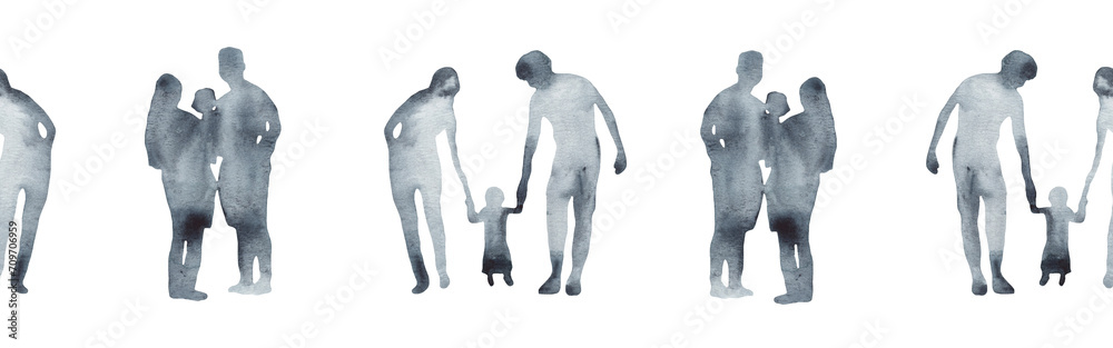 Obraz premium Watercolor border with silhouettes of people. Brush strokes in the form of blue silhouettes of people,Silhouette of family on white background.