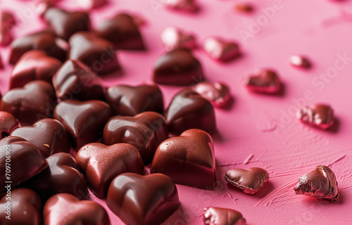 Heart-shaped chocolates on pink background, copy space. Holiday, Valentine's day, love. Photorealistic, background with bokeh effect. 