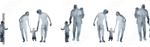 Watercolor border with silhouettes of people. Brush strokes in the form of blue silhouettes of people,Silhouette of family on white background.