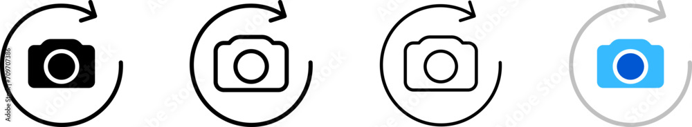 Camera with arrow in circle icons. Different styles, camera with arrow icons. Vector icons Camera with arrow in circle icons. Different styles, camera with arrow icons. Vector icons