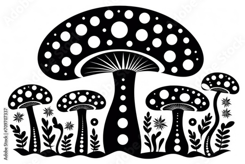 Mystical Monochrome Mushroom and Foliage Illustration - Nature's Artwork - Generative AI