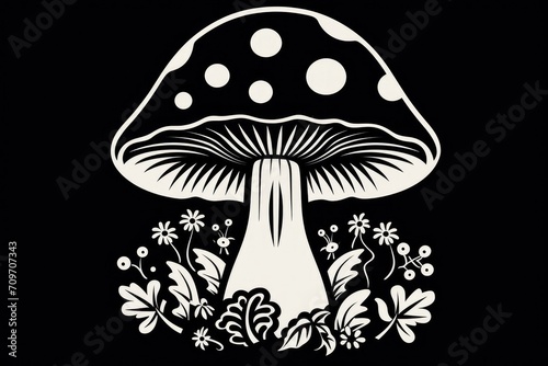 Mystical Monochrome Mushroom and Foliage Illustration - Nature's Artwork - Generative AI