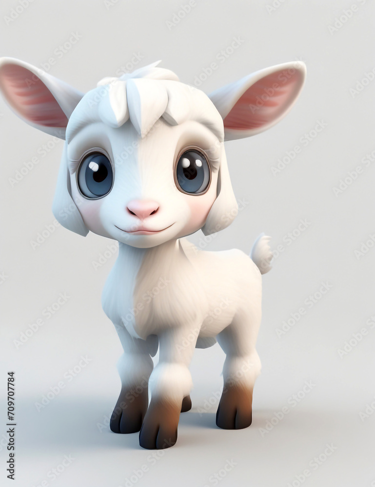 Ai Generated Art little goat Cute white baby goat 3d character. Cartoon goat with big eyes. 3d render illustration. Generative AI art. Farm animals set