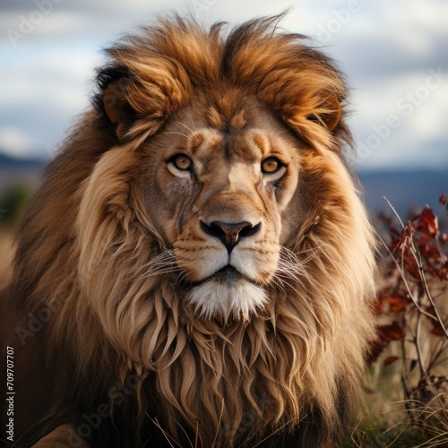 Photo of a majestic lion in the savannah. Generative AI