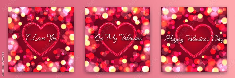 Set of invitation cards for Valentine's Day. Abstract blurred glowing glitter bokeh effect.