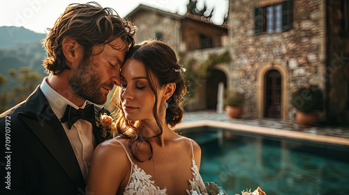 Wedding couple. Bride and groom pose next to a swimming pool at an exclusive Tuscan wedding, dreamy romantic influences photo
