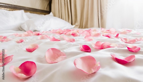 pink rose petals scattered over silk satin bed sheets romantic visual illustration