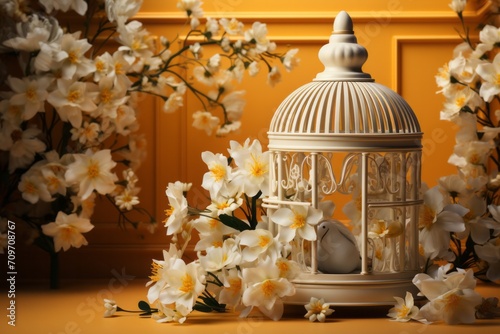 Intricate White Decorative Cage, on an isolated Daffodil Yellow background, Generative AI © Box Milk