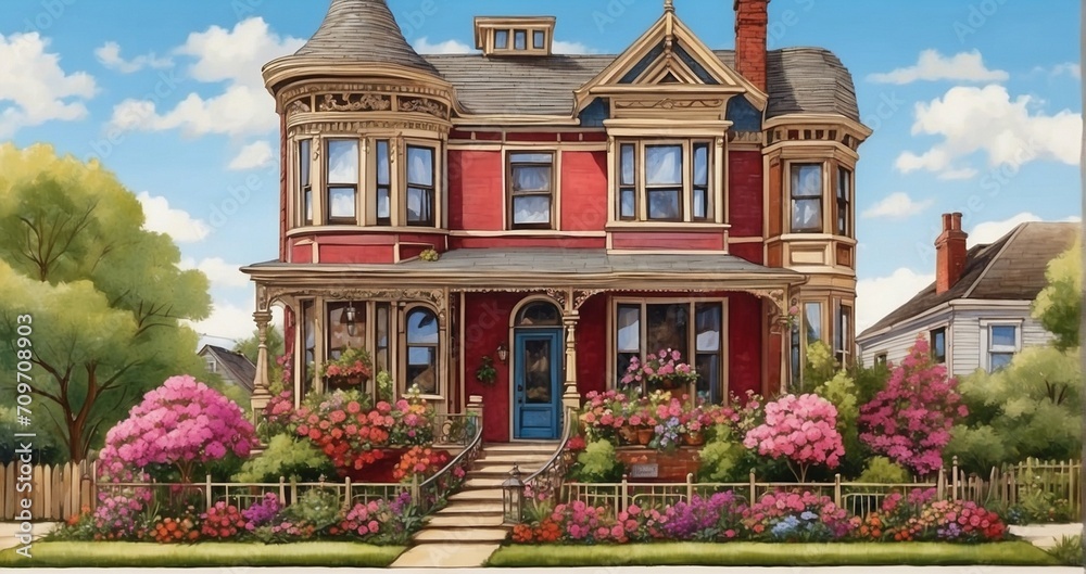 A meticulously detailed Victorian townhouse adorned with ornate trimmings and vibrant window boxes filled with blooming flowers - Generative AI