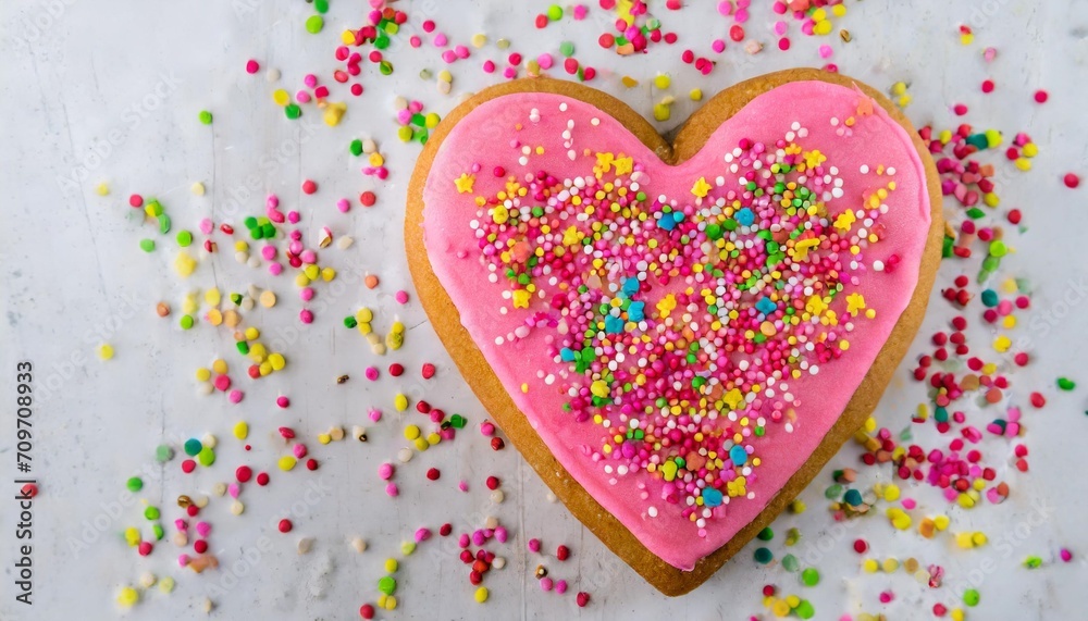 pink decorated heart shaped cookie with colorful sprinkles valentine concept illustration