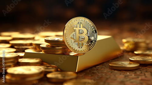 Bitcoin with gold coins and bars, financial cryptocurrency background